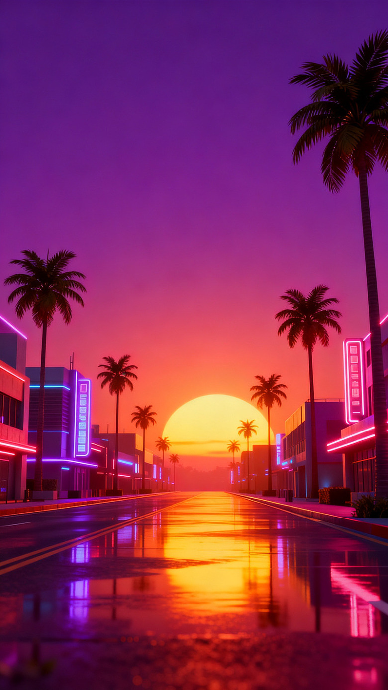 霓虹灯都市日落美景