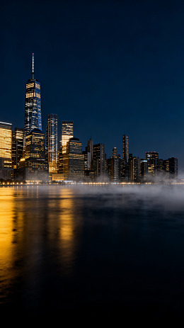 都市夜景高楼灯光水面倒影