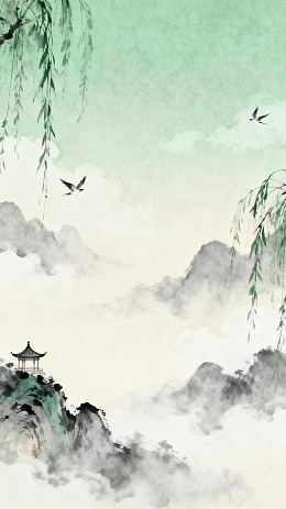 水墨山水画亭飞鸟图
