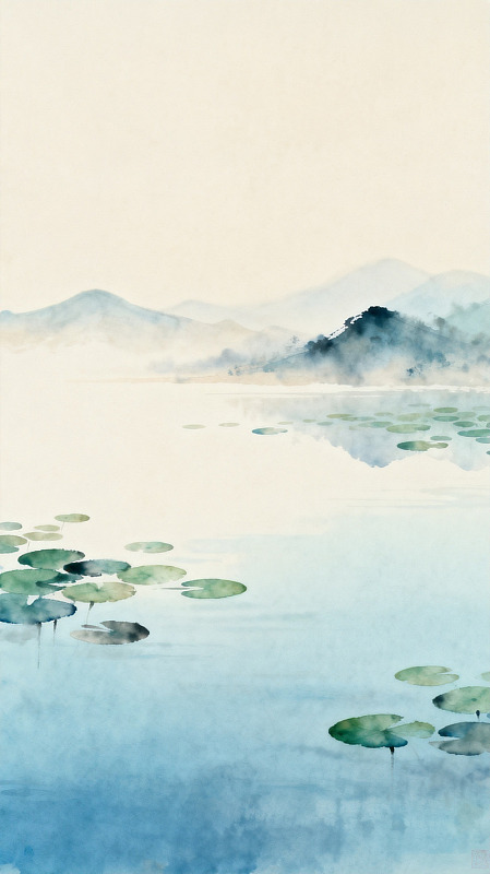 水墨山水荷叶风景画