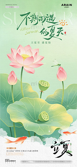 地产立夏小暑鲤鱼荷花海报2