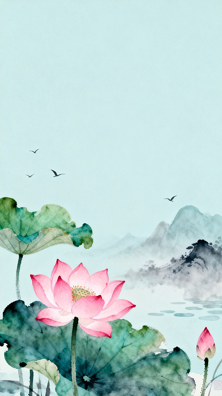 水墨荷花山水画意境图
