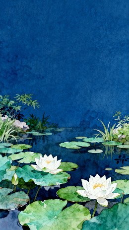 水彩荷花池塘风景画