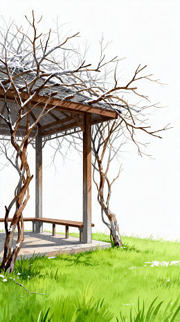 水彩亭台树木风景插画