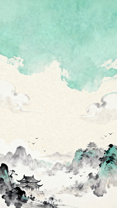 水墨山水画古风建筑风景画