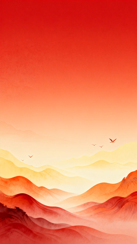 夕阳红山峦飞鸟水墨画