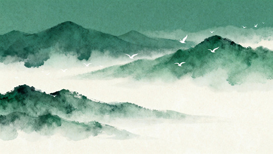 水墨山水画飞鸟山峦图