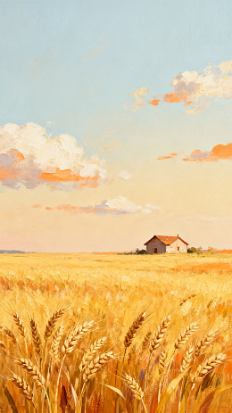 田园风光麦田小屋油画