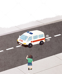 小孩向救护车挥手示意插画