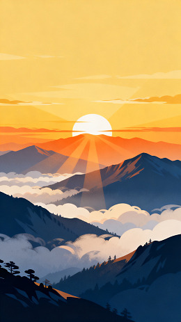 日落山峦云海景色插画