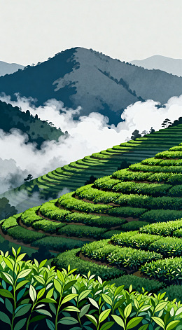 梯田茶园山水风景插画素材