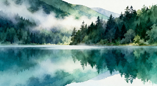 水彩山水静谧湖景