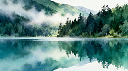 水彩山水静谧湖景