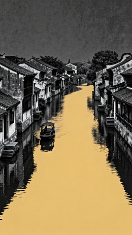 古镇河道黄水行船黑白艺术照