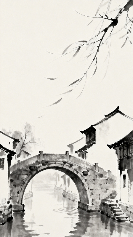 水墨江南古镇石桥风景画