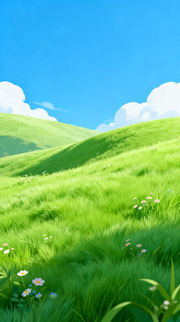 卡通风绿草丘陵美景