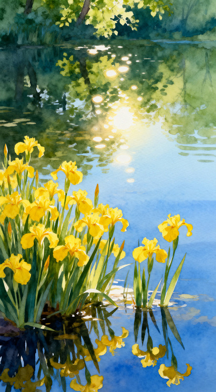 水彩湖畔黄花风景画