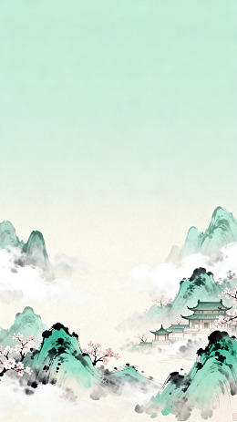 水墨山水画古风建筑插画