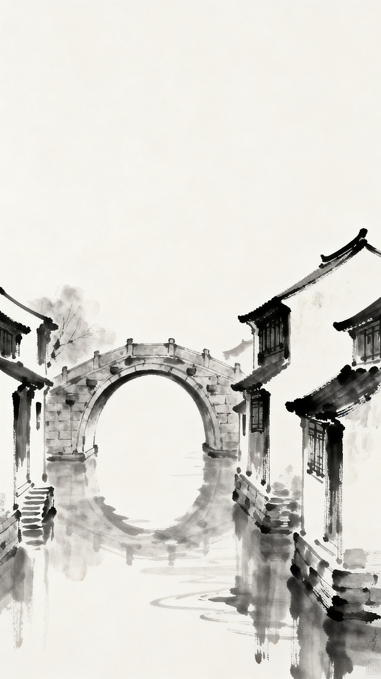 水墨江南古镇风景画