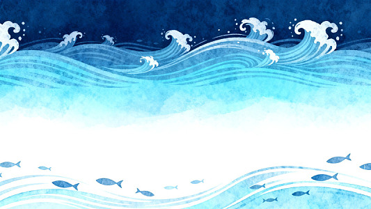 海洋波涛与鱼群水彩画
