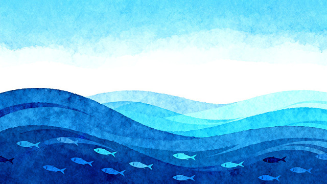 水彩海洋鱼群风景画
