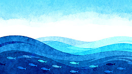 水彩海洋鱼群风景画