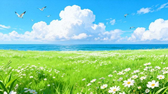 田园风光草地海洋插画