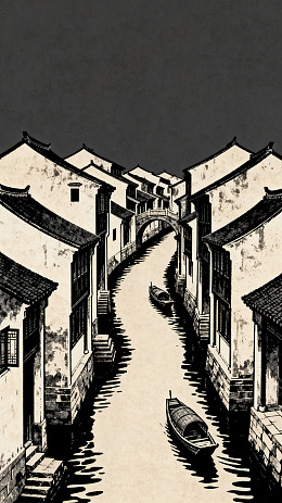 水墨江南古镇风景版画