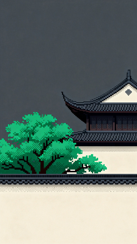 像素风古建筑绿树插画