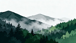 水彩山景云雾缭绕森林