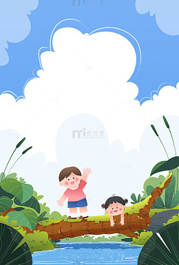 夏天小朋友暑假溪流边玩耍嬉戏儿童插画背景