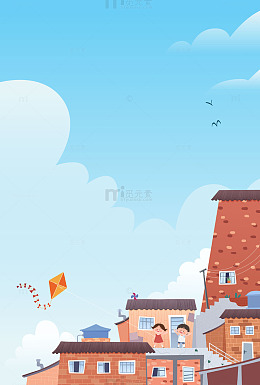 夏天暑假小伙伴屋顶放风筝玩耍儿童插画背景