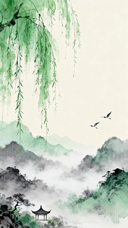 水墨山水画柳枝飞鸟亭阁
