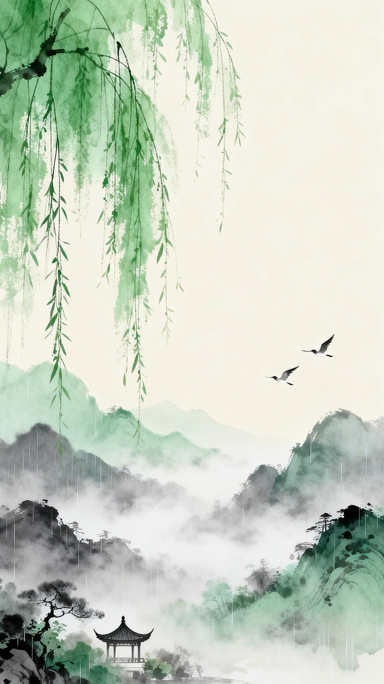 水墨山水画柳枝飞鸟亭阁