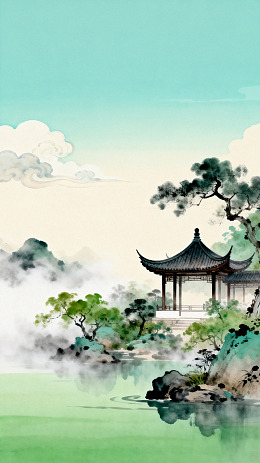 水墨风园林亭台楼阁山水画