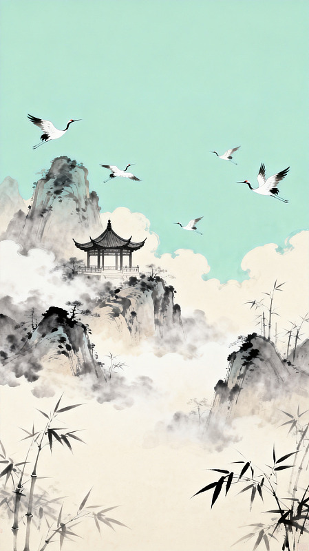 水墨山水画仙鹤飞翔