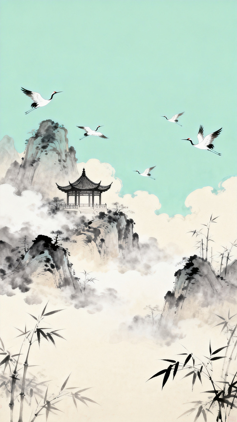 水墨山水画仙鹤飞翔
