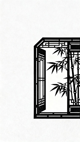 剪纸风格中式窗景竹子图案
