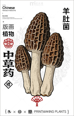 版画风格羊肚菌宣传海报设计素材