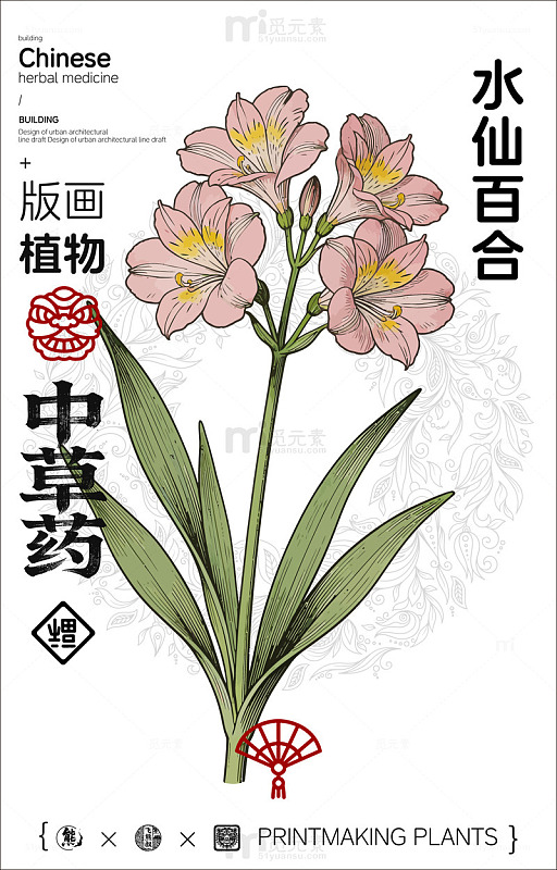 水仙百合版画植物素材