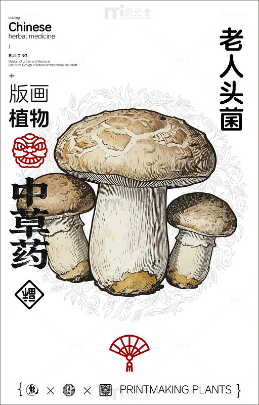 版画风格老人头菌宣传设计