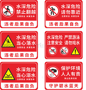 红色简约水深危险小心溺水安全防溺水警示牌