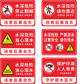 红色简约水深危险小心溺水安全防溺水警示牌