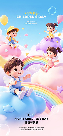 卡通儿童节彩虹云朵欢乐插画