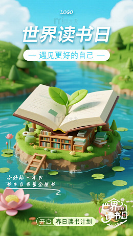 夏日插画立体质感世界读书日海报