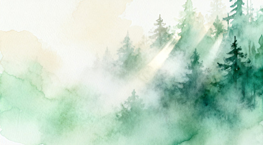 水彩森林晨光美景