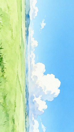 水彩风光草地蓝天云彩插画