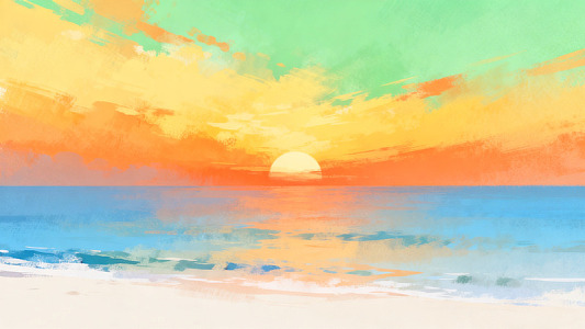 水彩日落海景风景画
