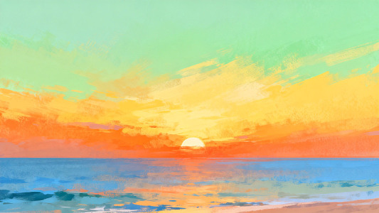 水彩日落海景油画风光背景