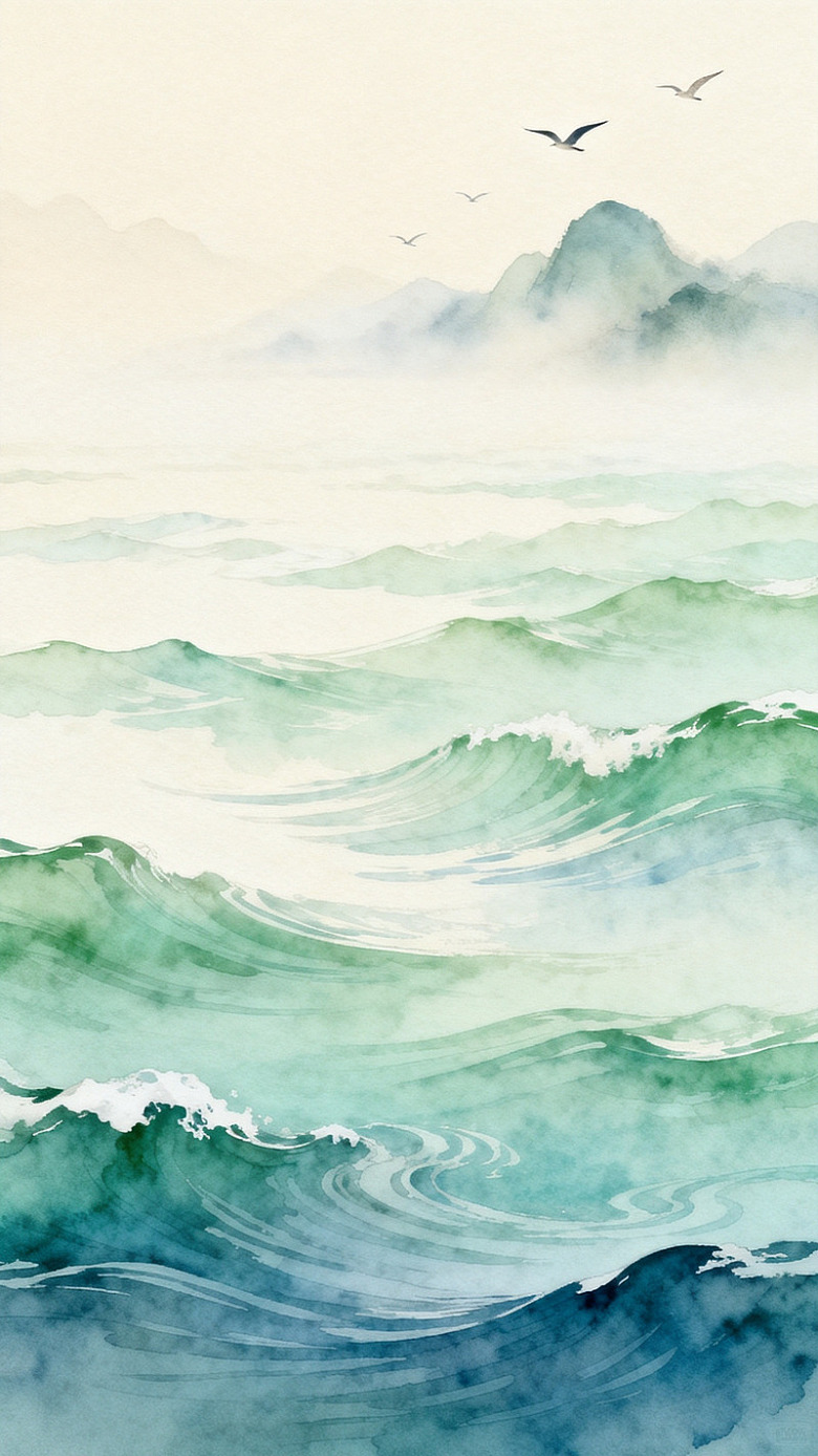 水墨山水海浪飞鸟图